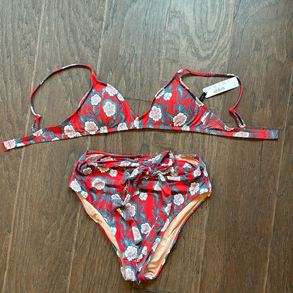 J. Crew Red Floral High-Waist Bikini with Tie Front